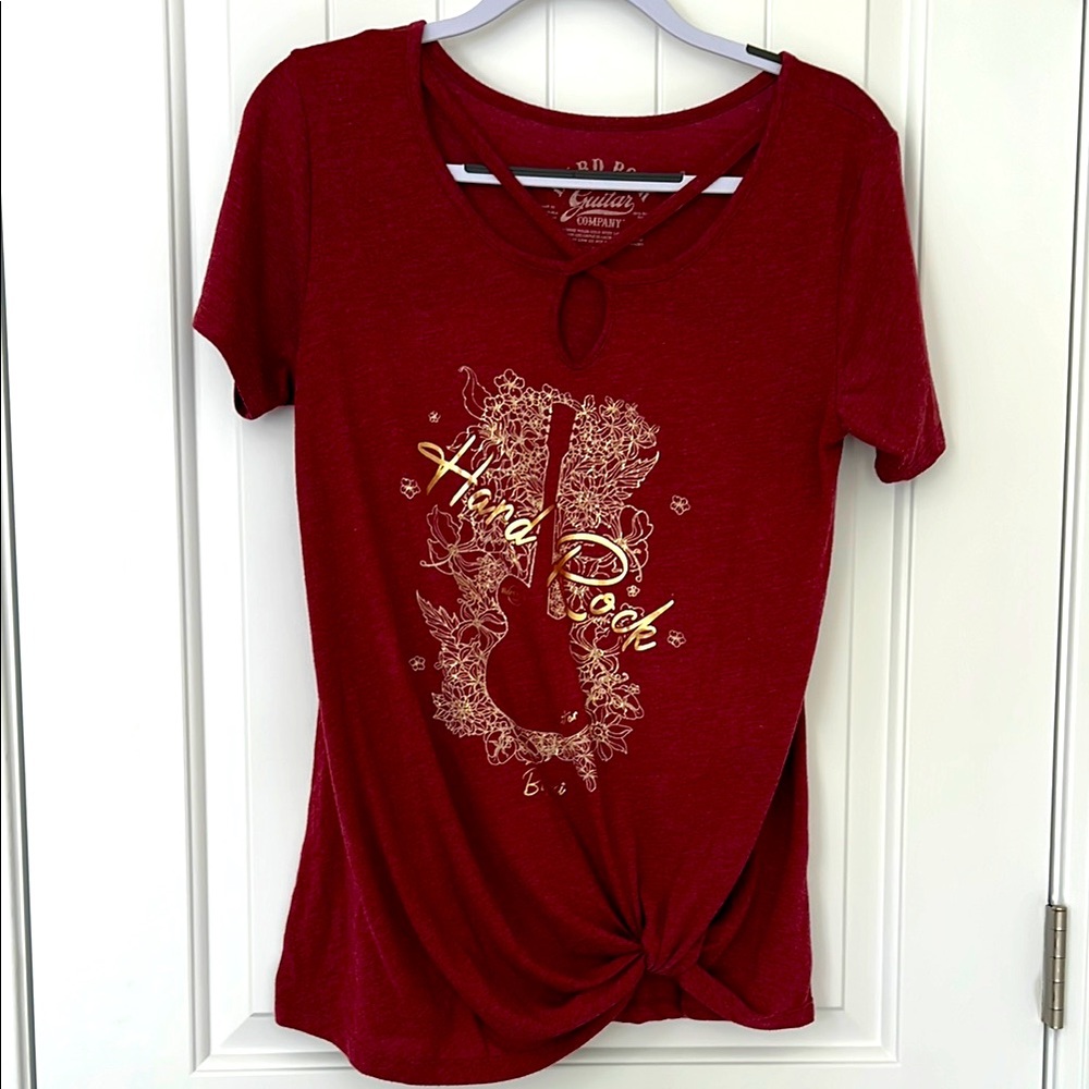 Hard Rock Guitar Co., Sz M, red, keyhole, guitar, rock-n-roll front knot t-shirt